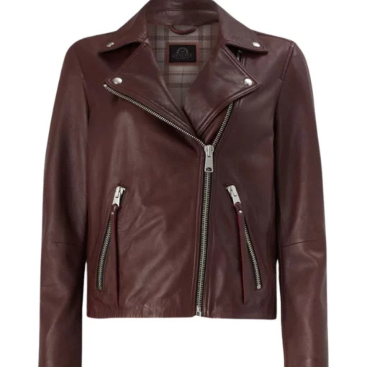 Women’s brown vintage biker jacket with retro-inspired design and flattering fit