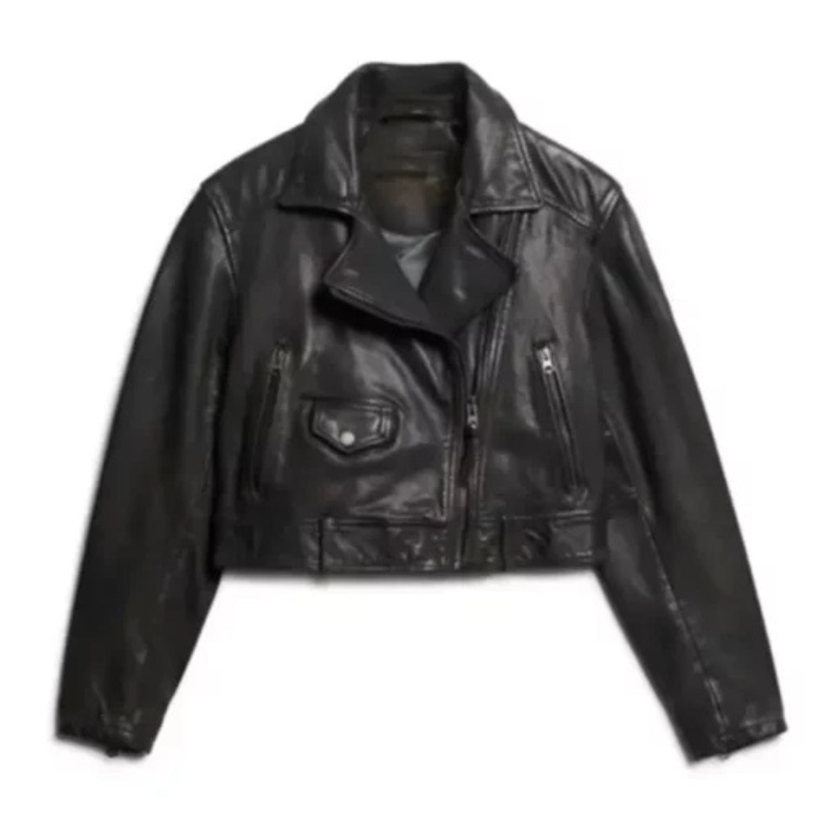 Women cropped biker leather jacket with asymmetrical zipper, short fit, and edgy modern style