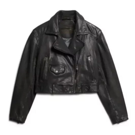 Women cropped biker leather jacket with asymmetrical zipper, short fit, and edgy modern style