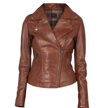 Elegant women’s asymmetrical moto jacket with sleek modern fit and stylish design
