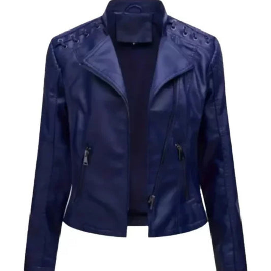 Women fitted moto leather jacket with sleek tailored fit, asymmetrical zipper, and classic biker style design