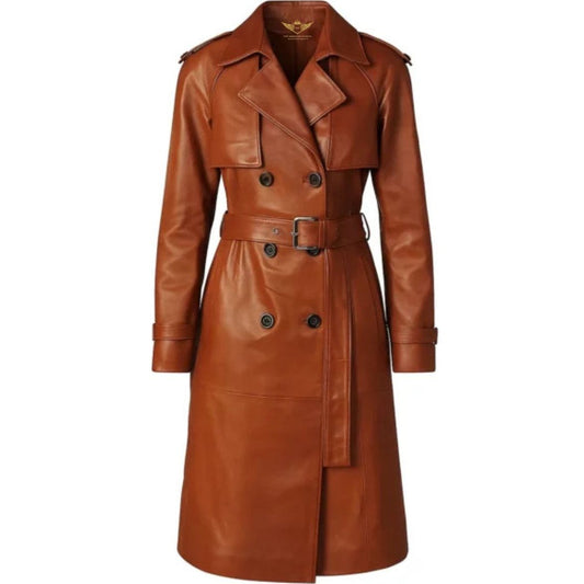 Women Genuine Brown Leather Trench Coat
