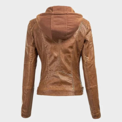 Women removable brown hooded jacket with versatile all-season design and comfortable fit