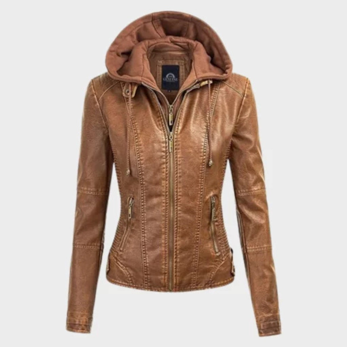 Women removable brown hooded jacket with versatile all-season design and comfortable fit