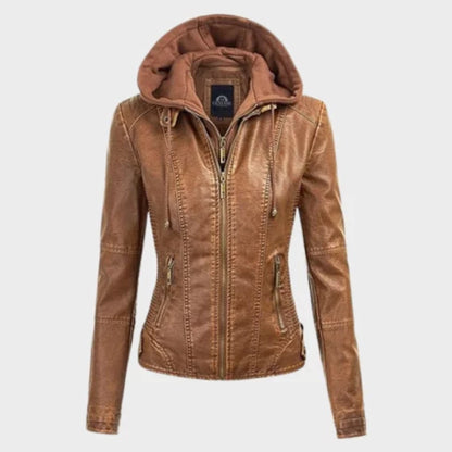 Women removable brown hooded jacket with versatile all-season design and comfortable fit