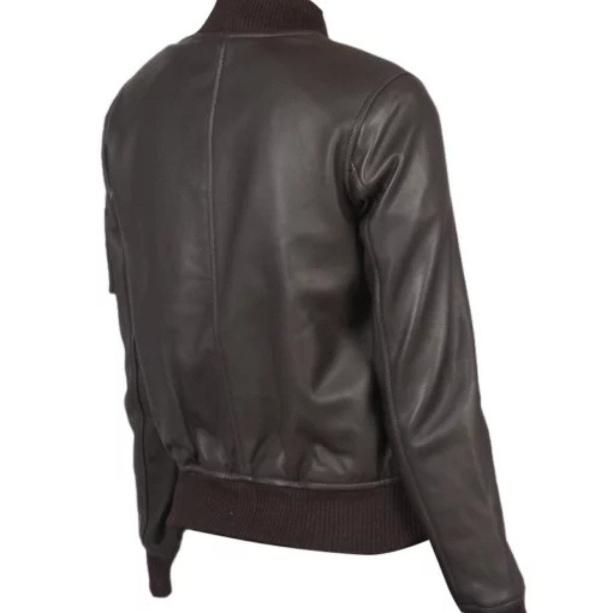 Women’s MA-1 leather bomber jacket with classic silhouette, ribbed cuffs, and modern stylish design