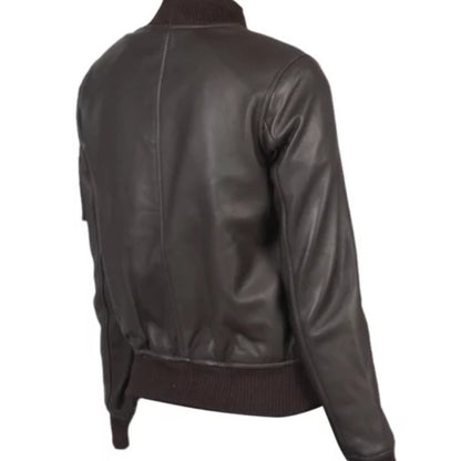 Women’s MA-1 leather bomber jacket with classic silhouette, ribbed cuffs, and modern stylish design