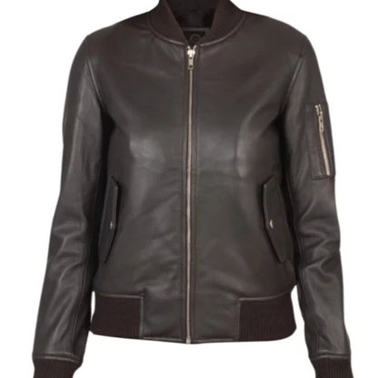 Women’s MA-1 leather bomber jacket with classic silhouette, ribbed cuffs, and modern stylish design