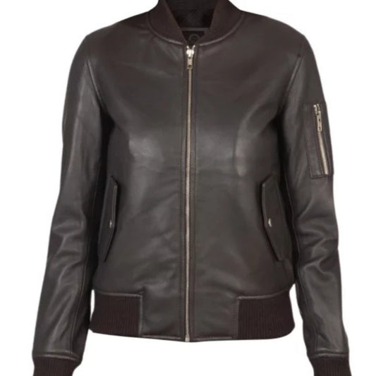 Women’s MA-1 leather bomber jacket with classic silhouette, ribbed cuffs, and modern stylish design