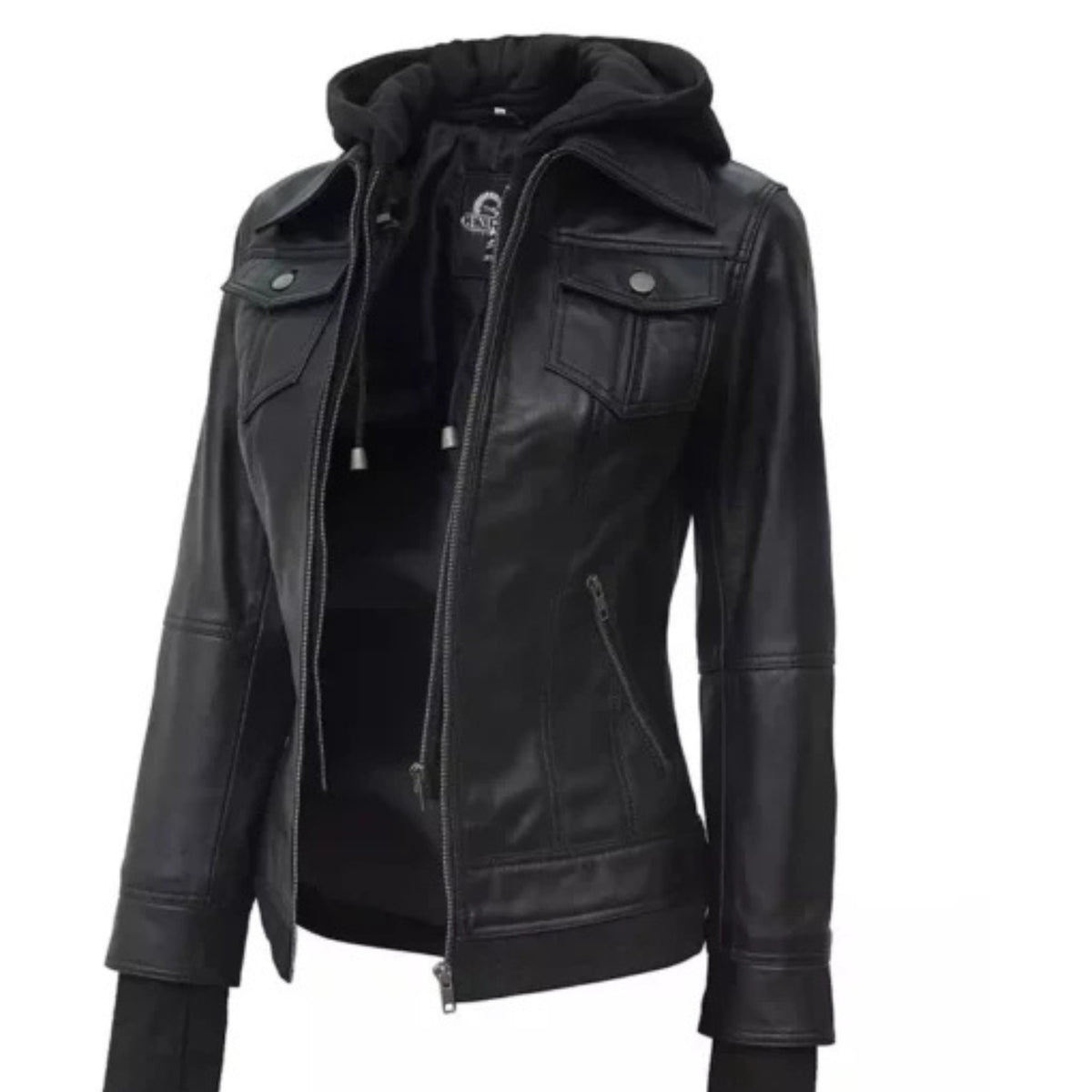 Women’s black leather bomber jacket with removable hood and versatile all-season style