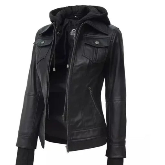 Women’s black leather bomber jacket with removable hood and versatile all-season style
