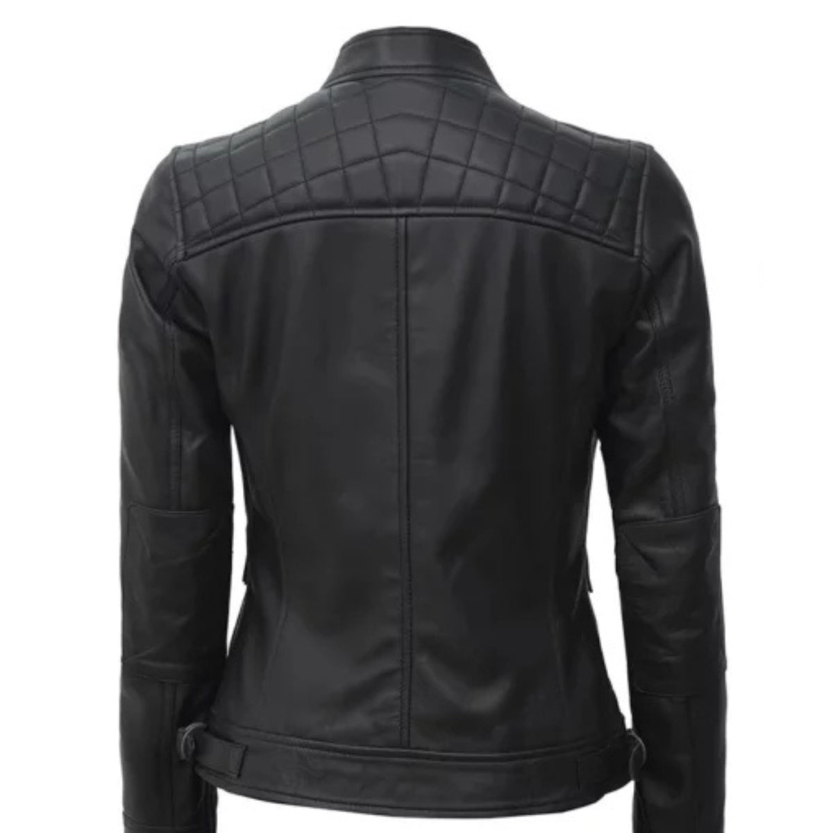 "Women’s black quilted cafe racer leather jacket with stylish edgy design"