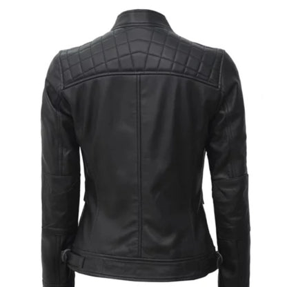 "Women’s black quilted cafe racer leather jacket with stylish edgy design"