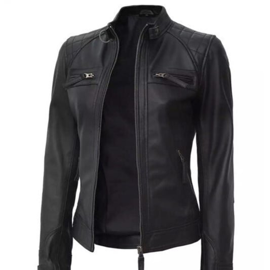 "Women’s black quilted cafe racer leather jacket with stylish edgy design"