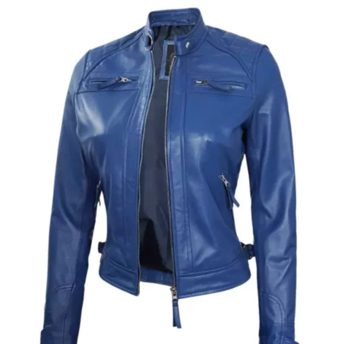Women’s blue biker leather jacket with a sleek fitted design, front zipper closure, lapel collar, and smooth premium leather finish, styled for a modern edgy look.