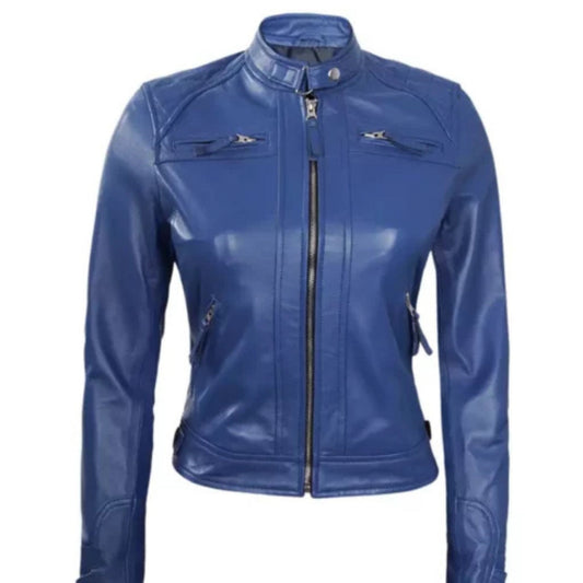 Women’s blue biker leather jacket with a sleek fitted design, front zipper closure, lapel collar, and smooth premium leather finish, styled for a modern edgy look.