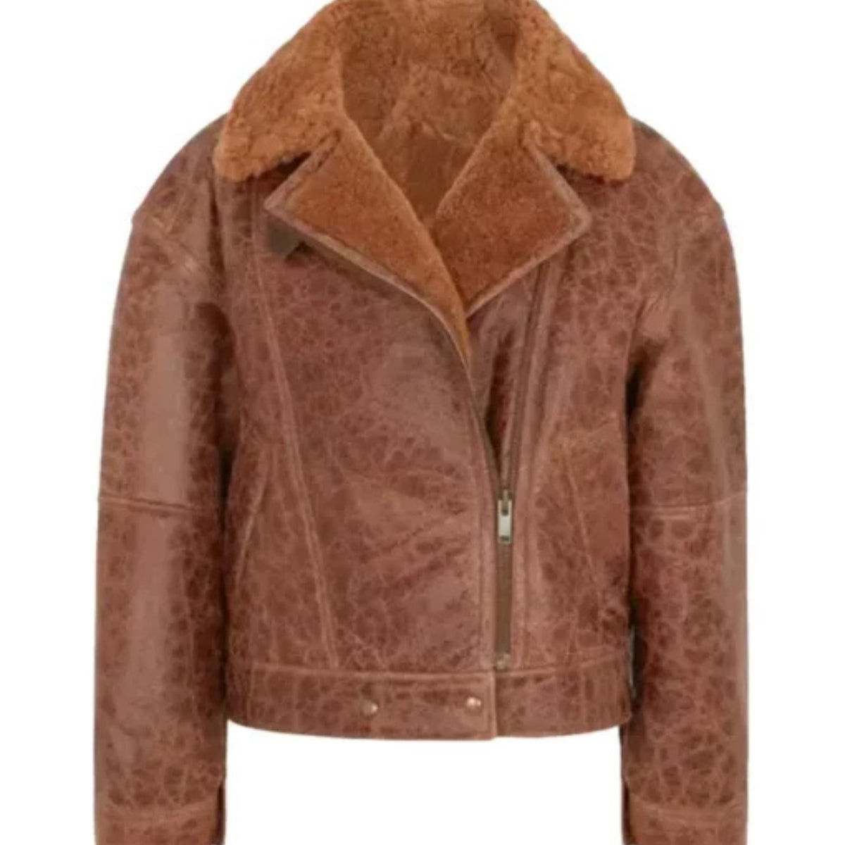 Women’s brown cracked shearling jacket with vintage texture, cozy lining, and rugged stylish design