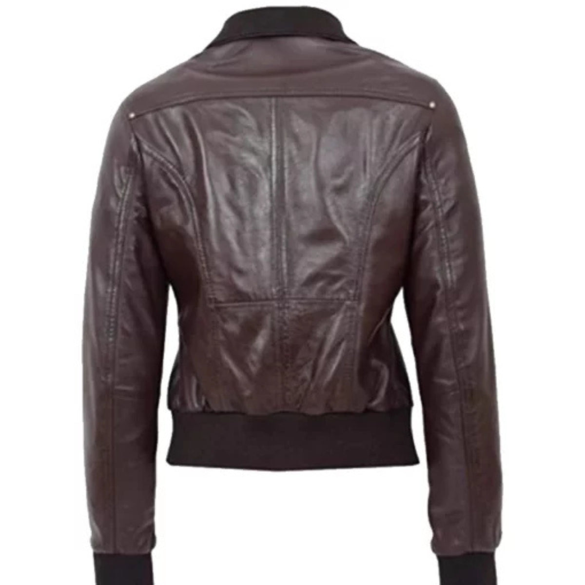 Women’s brown leather bomber jacket with classic style and a comfortable fit