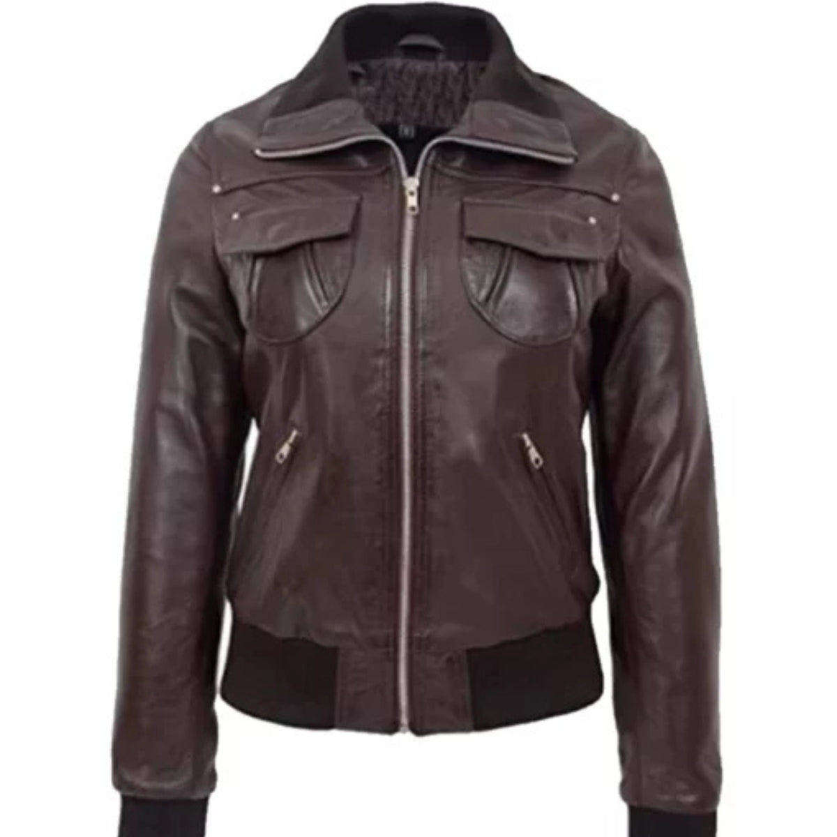 Women’s brown leather bomber jacket with classic style and a comfortable fit