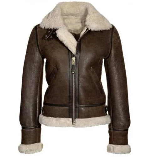 Women’s Shearling Brown Jacket featuring soft shearling lining, premium leather exterior, and a stylish design for warmth and winter elegance.