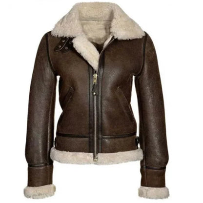 Women’s Shearling Brown Jacket featuring soft shearling lining, premium leather exterior, and a stylish design for warmth and winter elegance.