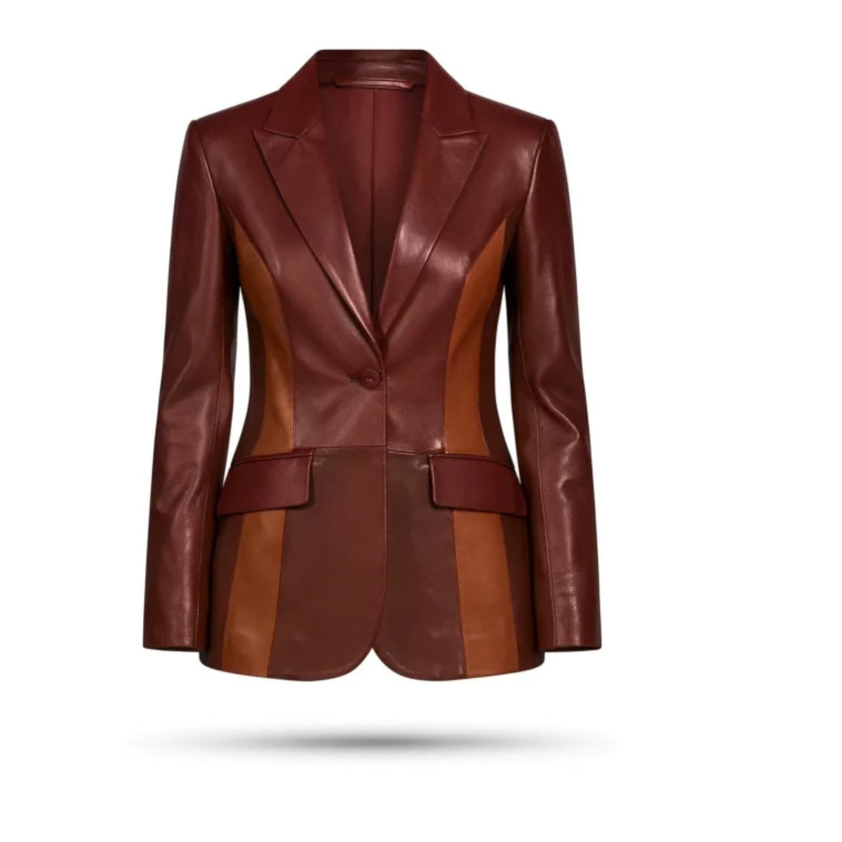 Women’s burgundy two-tone lambskin leather blazer with a luxurious finish and elegant tailored design.