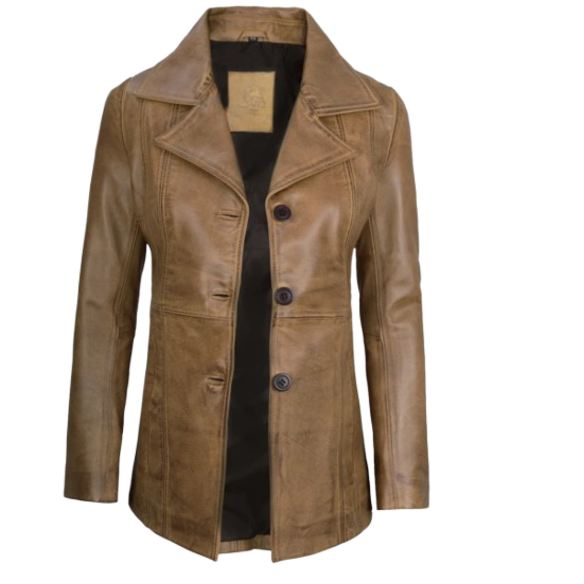 Women’s premium three-button camel brown leather blazer with a sophisticated and elegant design.