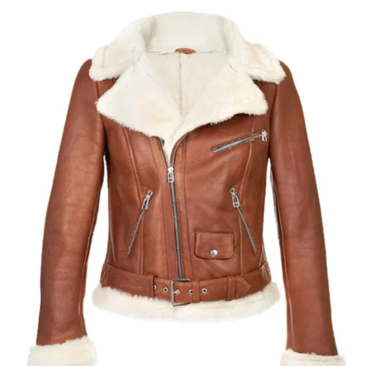 Women’s chestnut aviator shearling jacket with warm vintage style and premium comfort lining