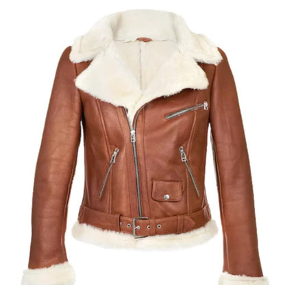 Women’s chestnut aviator shearling jacket with warm vintage style and premium comfort lining