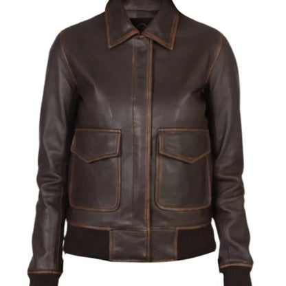 Women’s brown A-2 bomber jacket in premium leather with timeless design