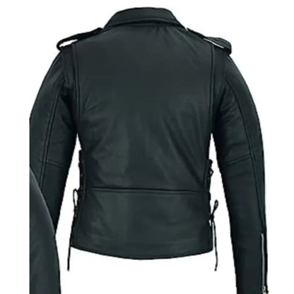 Women’s classic motorcycle leather jacket with sleek biker design and premium comfort fit