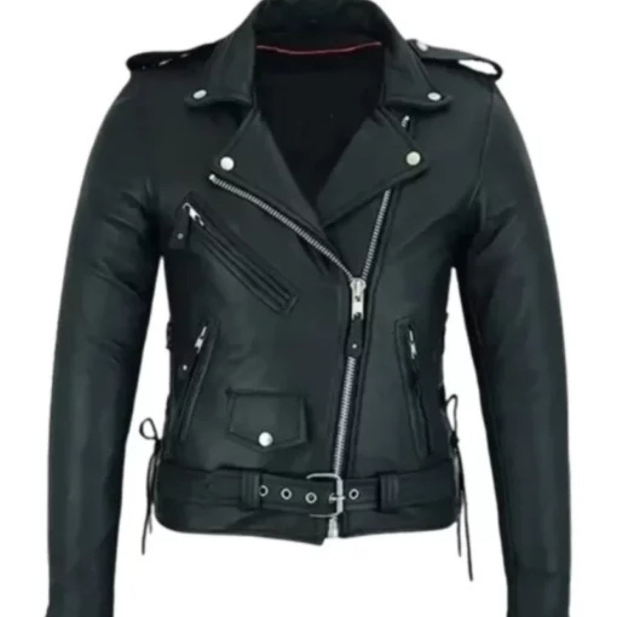 Women’s classic motorcycle leather jacket with sleek biker design and premium comfort fit