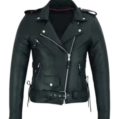 Women’s classic motorcycle leather jacket with sleek biker design and premium comfort fit