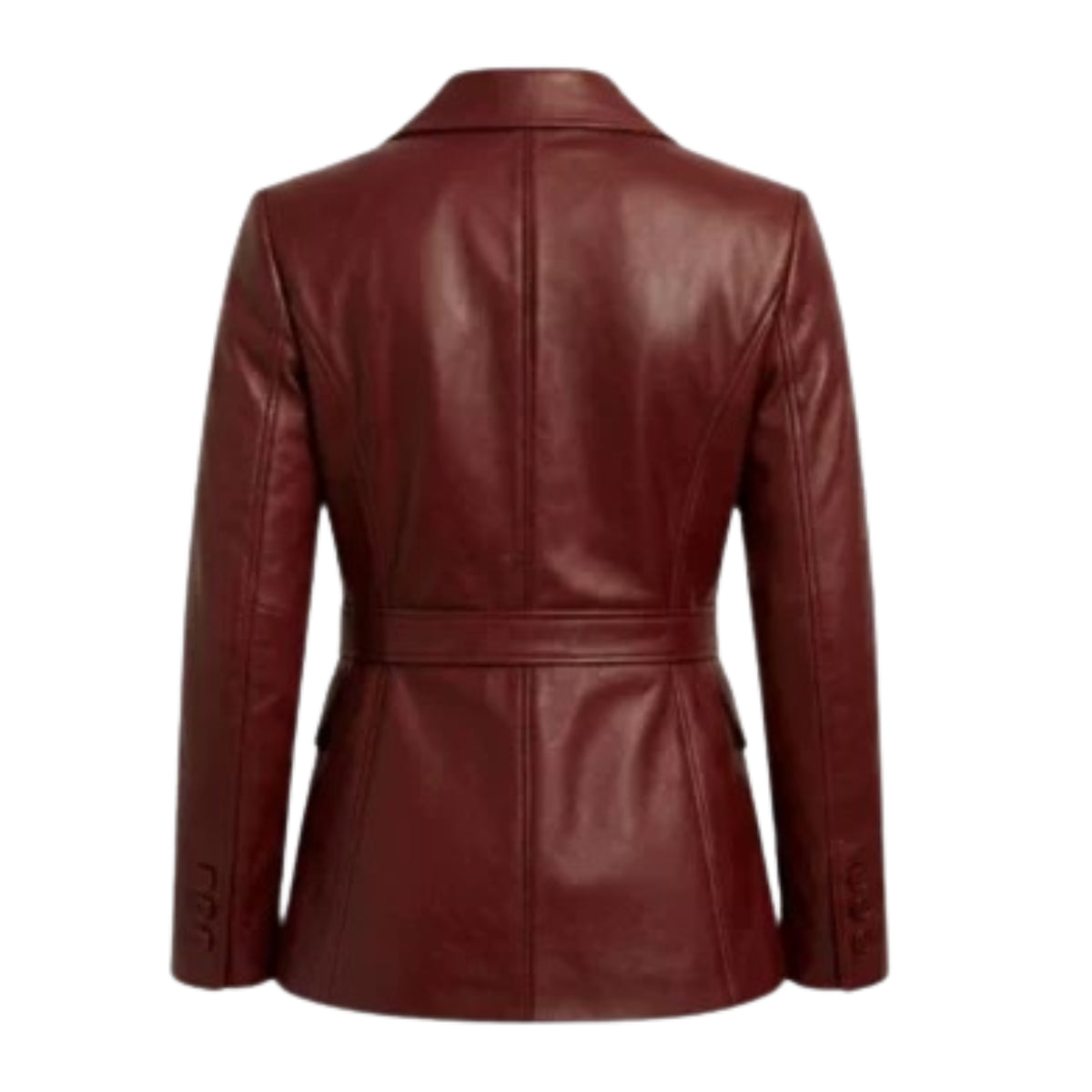 Women’s premium burgundy lambskin leather blazer with a luxurious finish and elegant design.