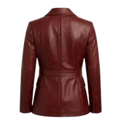 Women’s premium burgundy lambskin leather blazer with a luxurious finish and elegant design.