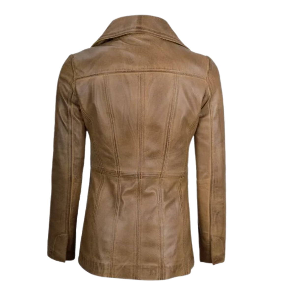 Women’s premium three-button camel brown leather blazer with a sophisticated and elegant design.