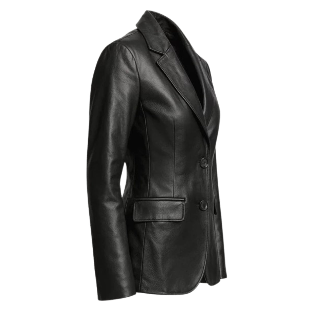 Women’s premium two-button black lambskin leather blazer with a sleek, elegant, tailored design and luxurious finish.