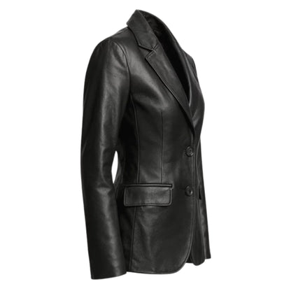 Women’s premium two-button black lambskin leather blazer with a sleek, elegant, tailored design and luxurious finish.
