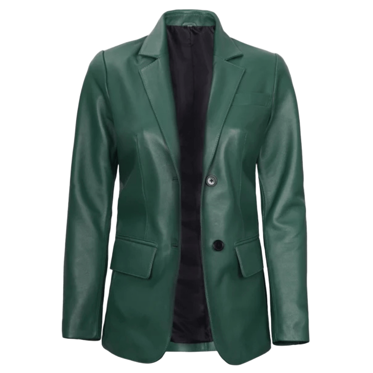 Women’s green two-button leather blazer with a stylish, elegant, and modern design.