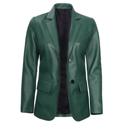 Women’s green two-button leather blazer with a stylish, elegant, and modern design.