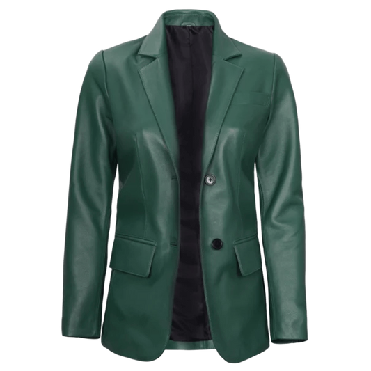 Women’s green two-button leather blazer with a stylish, elegant, and modern design.
