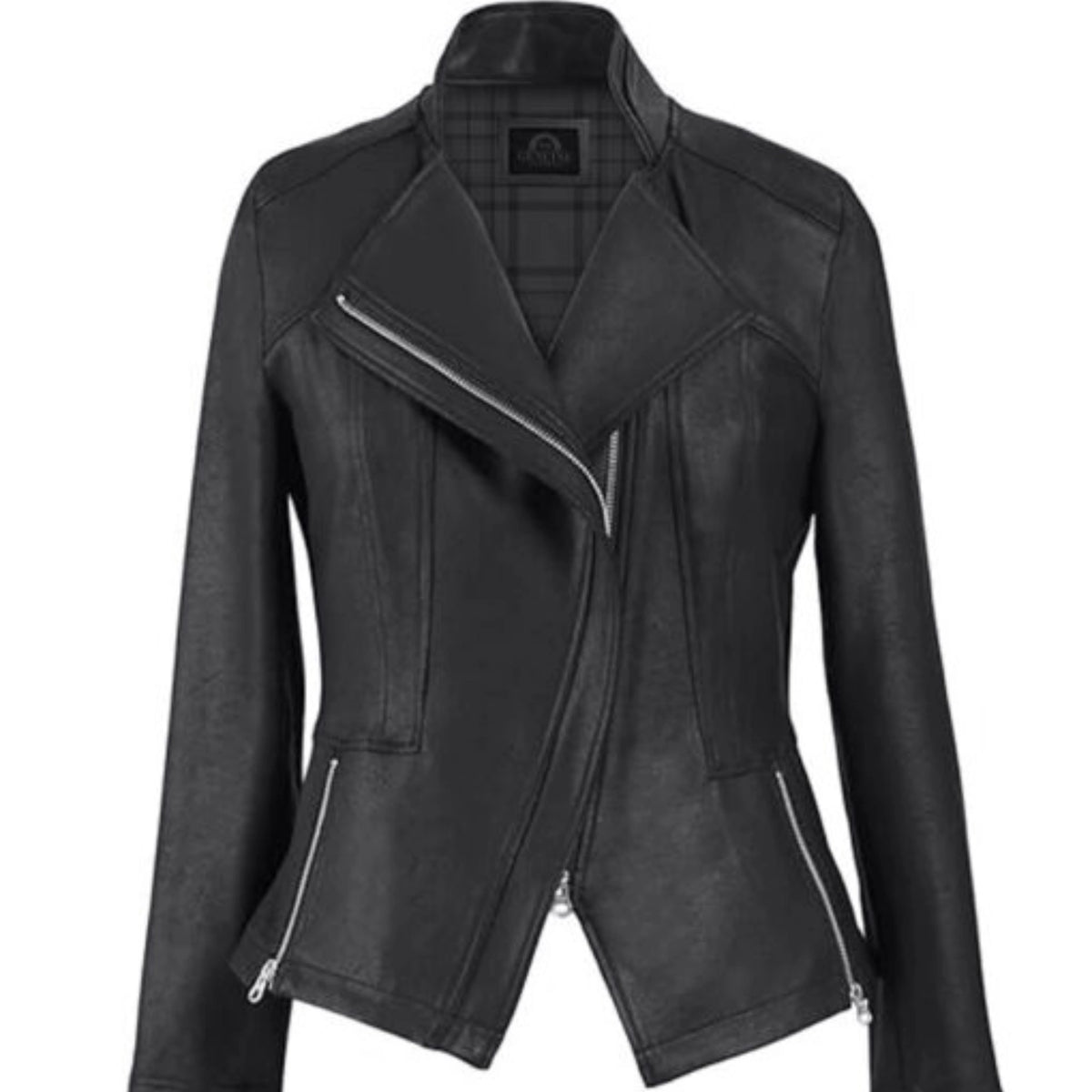Women’s liquid leather jacket with sleek glossy finish and modern tailored fit