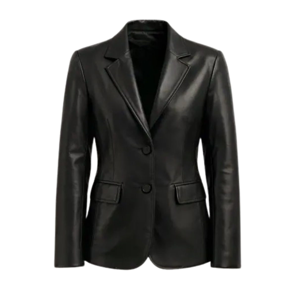 Women’s premium two-button black lambskin leather blazer with a sleek, elegant tailored design and luxurious finish.