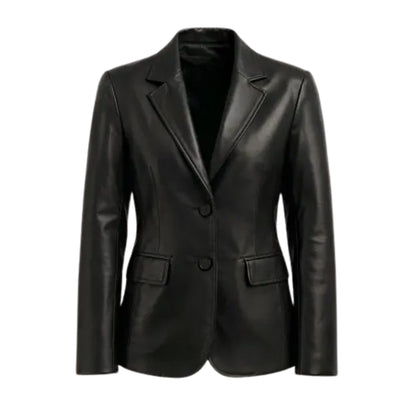 Women’s premium two-button black lambskin leather blazer with a sleek, elegant tailored design and luxurious finish.