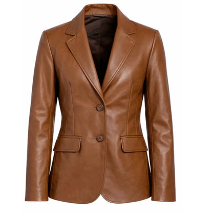 Women’s premium brown lambskin leather blazer with a luxurious finish and elegant design.