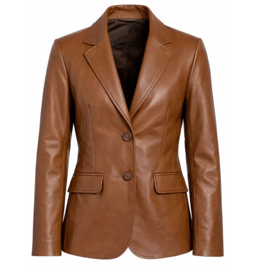 Women’s premium brown lambskin leather blazer with a luxurious finish and elegant design.