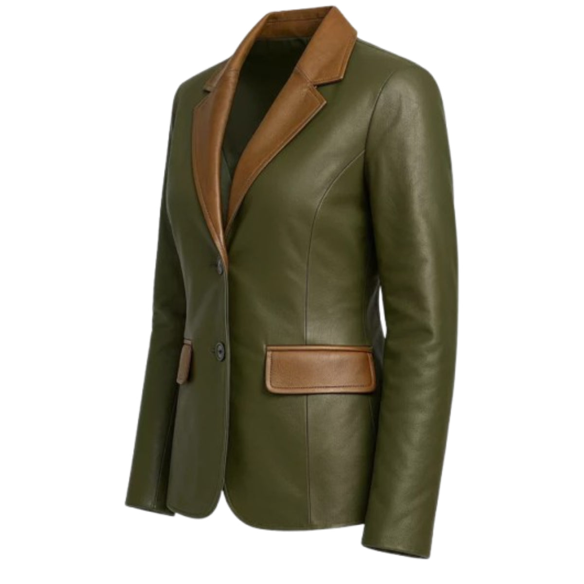 Women’s premium olive green lambskin leather blazer with a luxurious finish and elegant tailored design.