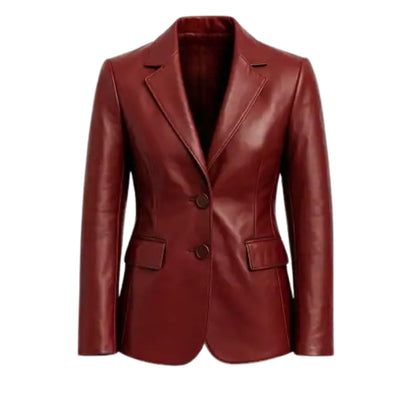 Women’s premium burgundy lambskin leather blazer with a luxurious finish and elegant design.
