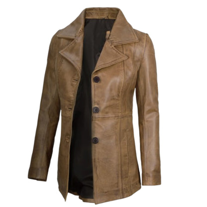 Women’s premium three-button camel brown leather blazer with a sophisticated and elegant design.
