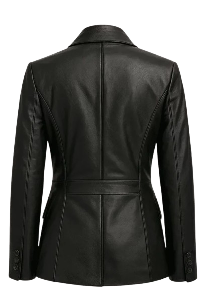 Women’s premium two-button black lambskin leather blazer with a sleek, elegant tailored design and luxurious finish.